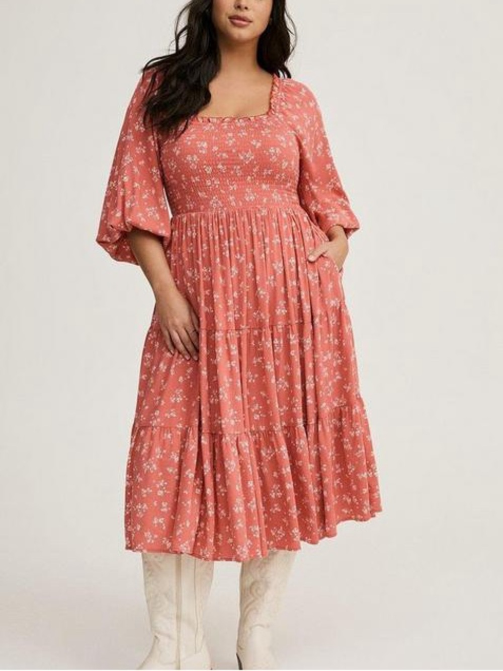 Torrid Floral Faded Rose Skater Midi Dress 5X Coral CottageCore Plus Boho Tiers